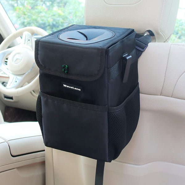 WaveLane Multifunctional Car Trash Can with Lid and Storage Pockets