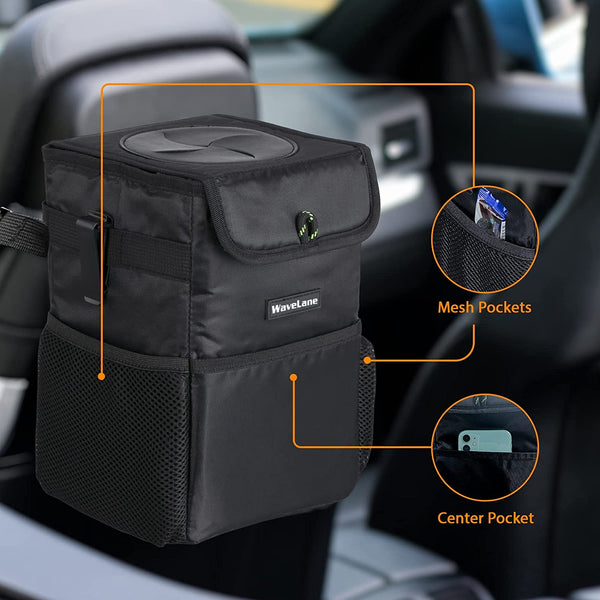 WaveLane Multifunctional Car Trash Can with Lid and Storage Pockets